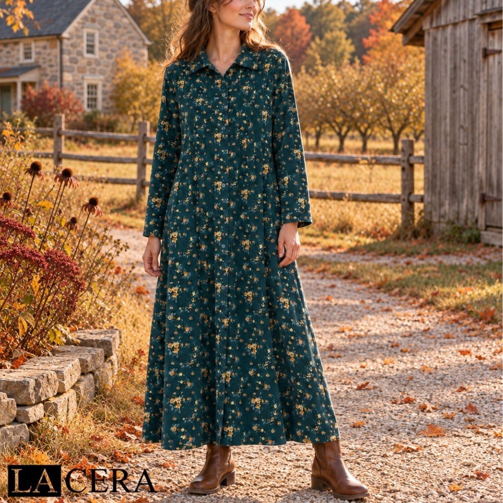 NWT, La Cera Floral Corduroy Button Front Tie Back Maxi Dress Hunter Green Large